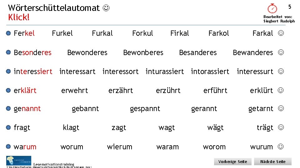 Wörterschüttelautomat Klick! Ferkel Besonderes Furkel 5 Bearbeitet von: Siegbert Rudolph Furkal Bewonderes Forkul Firkal