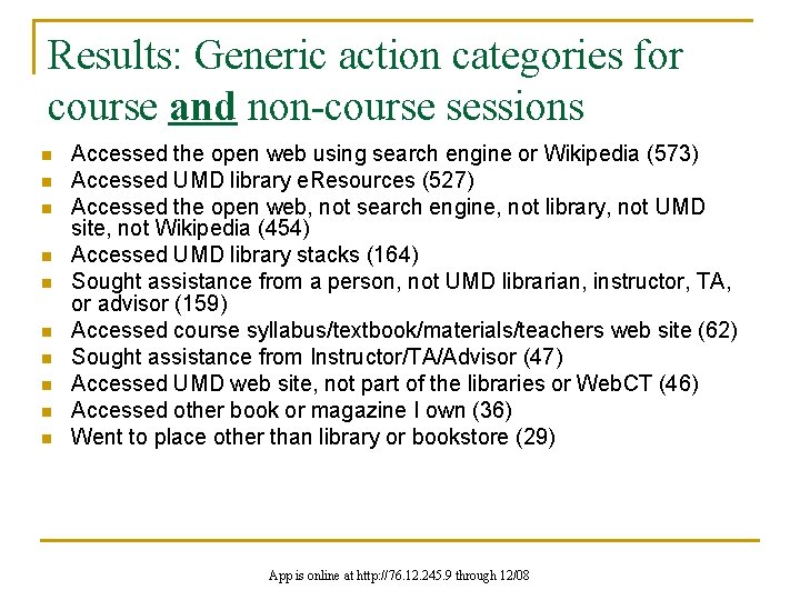 Results: Generic action categories for course and non-course sessions n n n n n