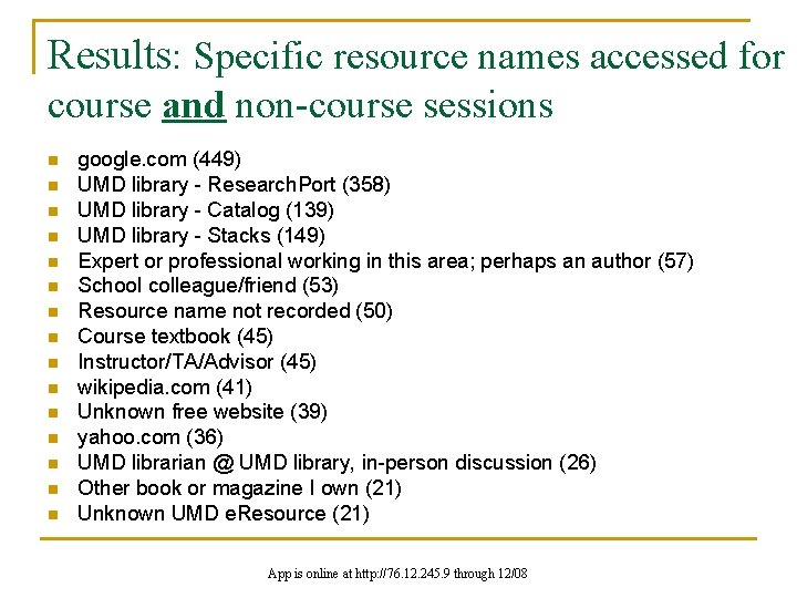 Results: Specific resource names accessed for course and non-course sessions n n n n