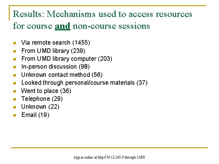 Results: Mechanisms used to access resources for course and non-course sessions n n n
