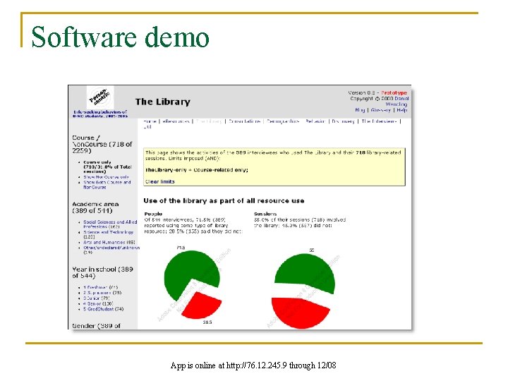 Software demo App is online at http: //76. 12. 245. 9 through 12/08 