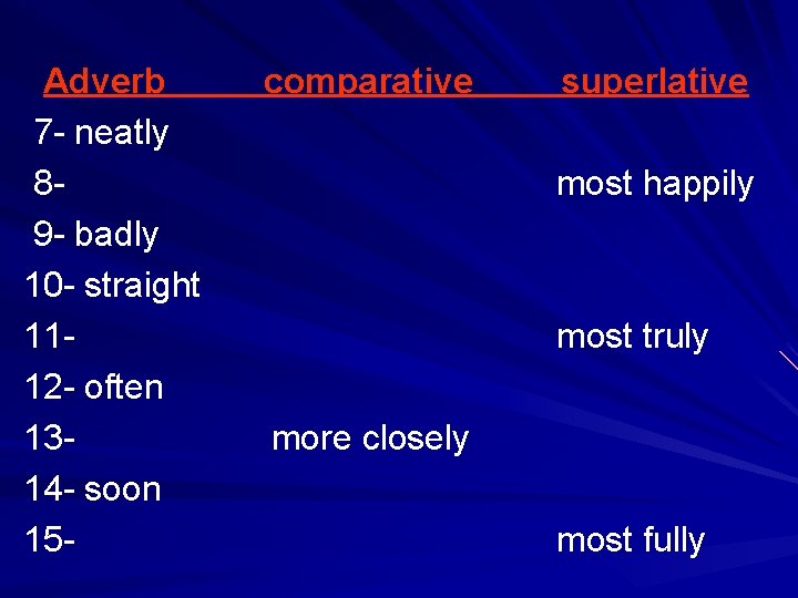 Adverb 7 - neatly 89 - badly 10 - straight 1112 - often 1314