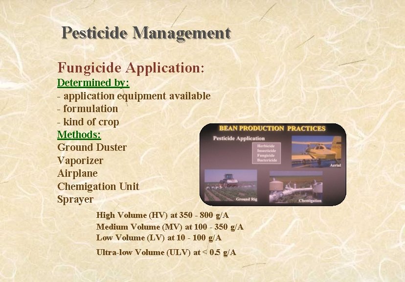 Pesticide Management Fungicide Application: Determined by: - application equipment available - formulation - kind
