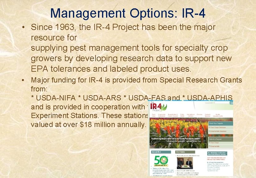Management Options: IR-4 • Since 1963, the IR-4 Project has been the major resource