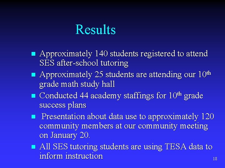 Results n n n Approximately 140 students registered to attend SES after-school tutoring Approximately