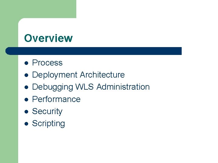 Overview l l l Process Deployment Architecture Debugging WLS Administration Performance Security Scripting 