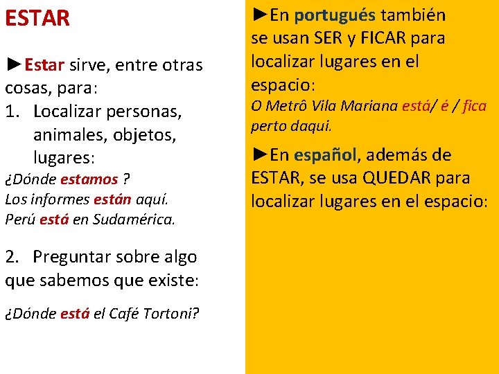 ESTAR ►Estar sirve, entre otras cosas, para: 1. Localizar personas, animales, objetos, lugares: ¿Dónde