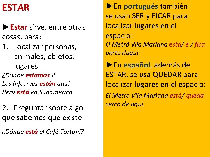 ESTAR ►Estar sirve, entre otras cosas, para: 1. Localizar personas, animales, objetos, lugares: ¿Dónde