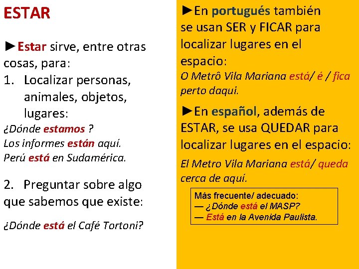 ESTAR ►Estar sirve, entre otras cosas, para: 1. Localizar personas, animales, objetos, lugares: ¿Dónde