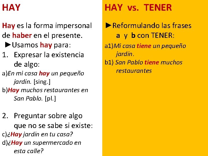 HAY vs. TENER Hay es la forma impersonal de haber en el presente. ►Usamos