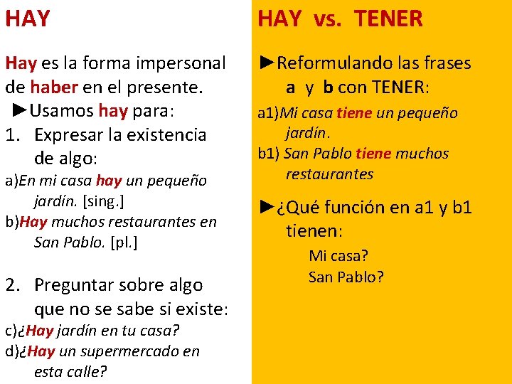 HAY vs. TENER Hay es la forma impersonal de haber en el presente. ►Usamos