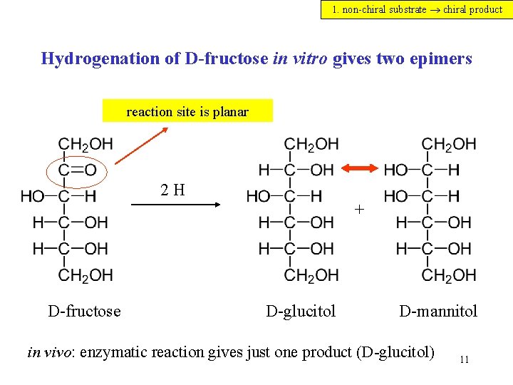 1. non-chiral substrate chiral product Hydrogenation of D-fructose in vitro gives two epimers reaction 1. non-chiral substrate chiral product Hydrogenation of D-fructose in vitro gives two epimers reaction