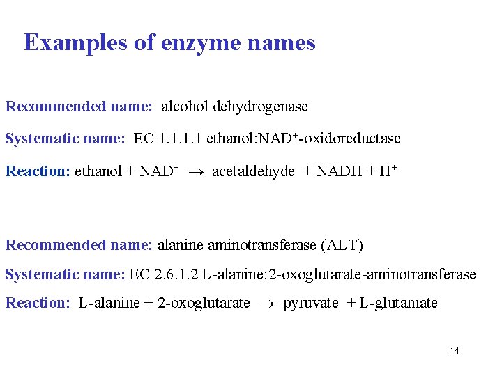 Examples of enzyme names Recommended name: alcohol dehydrogenase Systematic name: EC 1. 1 ethanol: