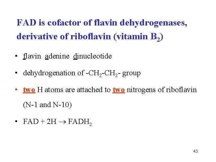 FAD is cofactor of flavin dehydrogenases, derivative of riboflavin (vitamin B 2) • flavin FAD is cofactor of flavin dehydrogenases, derivative of riboflavin (vitamin B 2) • flavin