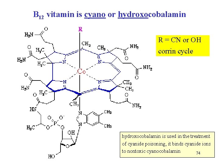 B 12 vitamin is cyano or hydroxocobalamin R = CN or OH corrin cycle B 12 vitamin is cyano or hydroxocobalamin R = CN or OH corrin cycle