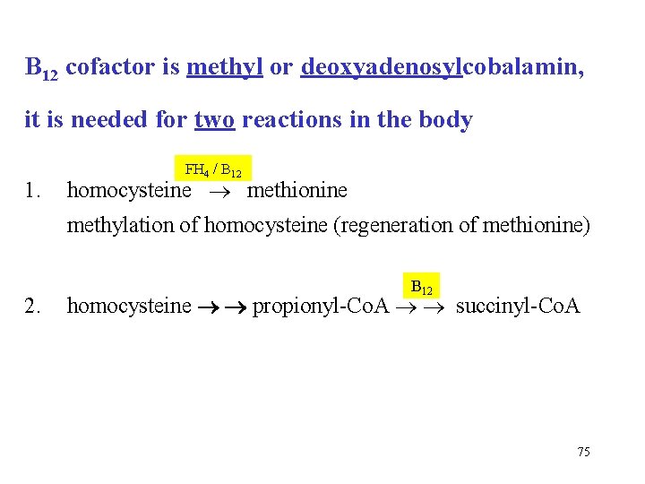 B 12 cofactor is methyl or deoxyadenosylcobalamin, it is needed for two reactions in B 12 cofactor is methyl or deoxyadenosylcobalamin, it is needed for two reactions in