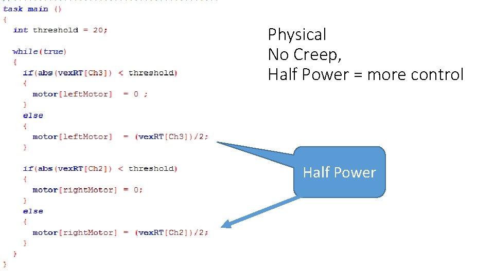 Physical No Creep, Half Power = more control Half Power 
