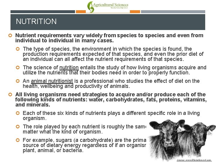 NUTRITION Nutrient requirements vary widely from species to species and even from individual to