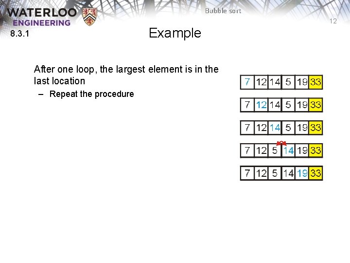 Bubble sort 12 Example 8. 3. 1 After one loop, the largest element is Bubble sort 12 Example 8. 3. 1 After one loop, the largest element is