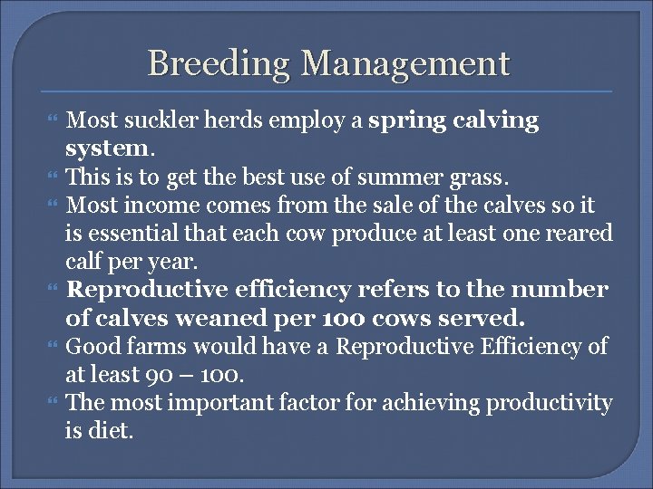 Breeding Management Most suckler herds employ a spring calving system. This is to get