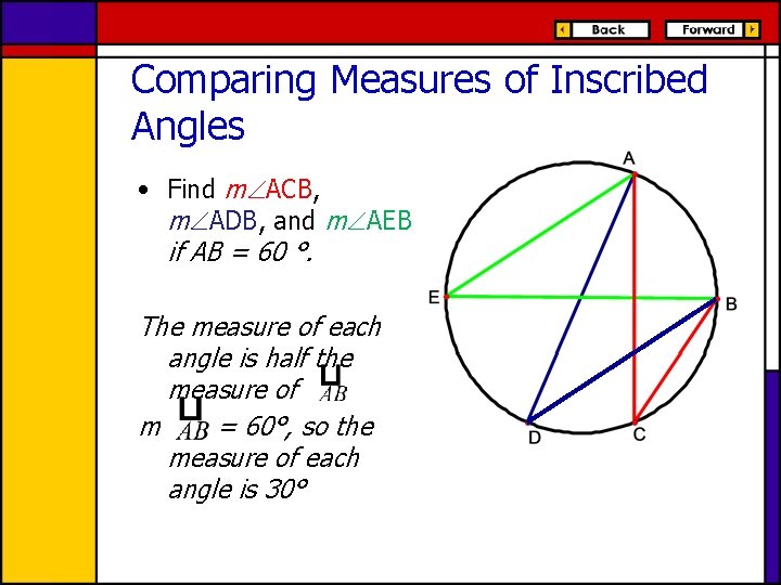 Comparing Measures of Inscribed Angles • Find m ACB, m ADB, and m AEB