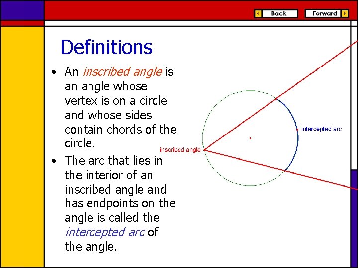 Definitions • An inscribed angle is an angle whose vertex is on a circle