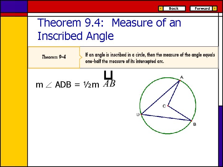 Theorem 9. 4: Measure of an Inscribed Angle m ADB = ½m 