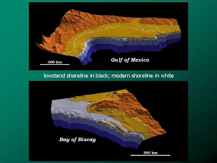 lowstand shoreline in black; modern shoreline in white 