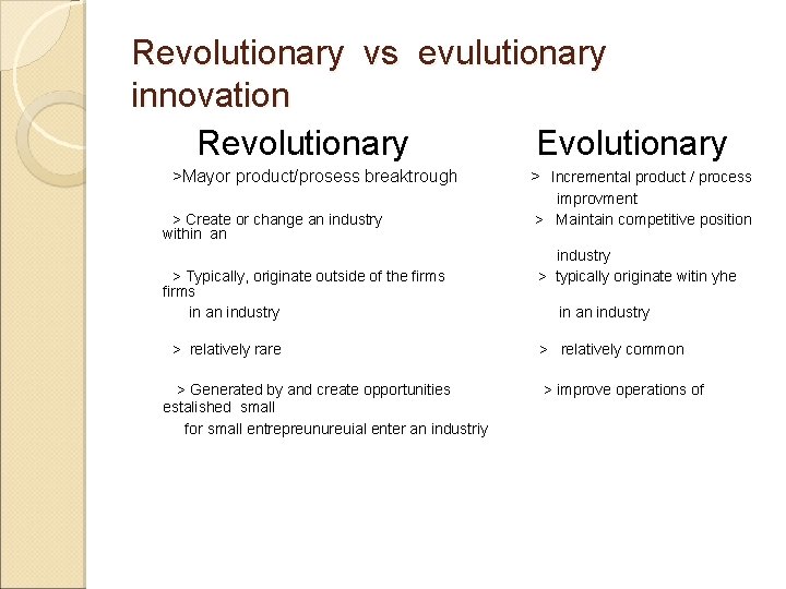 Revolutionary vs evulutionary innovation Revolutionary Evolutionary >Mayor product/prosess breaktrough > Create or change an