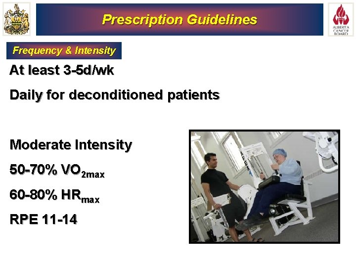 Prescription Guidelines Frequency & Intensity At least 3 -5 d/wk Daily for deconditioned patients