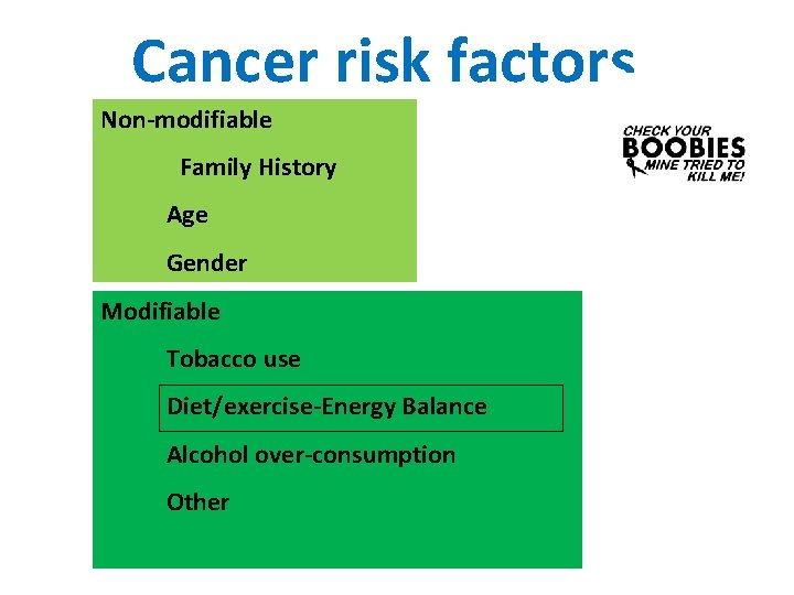 Cancer risk factors Non-modifiable Family History Age Gender Modifiable Tobacco use Diet/exercise-Energy Balance Alcohol