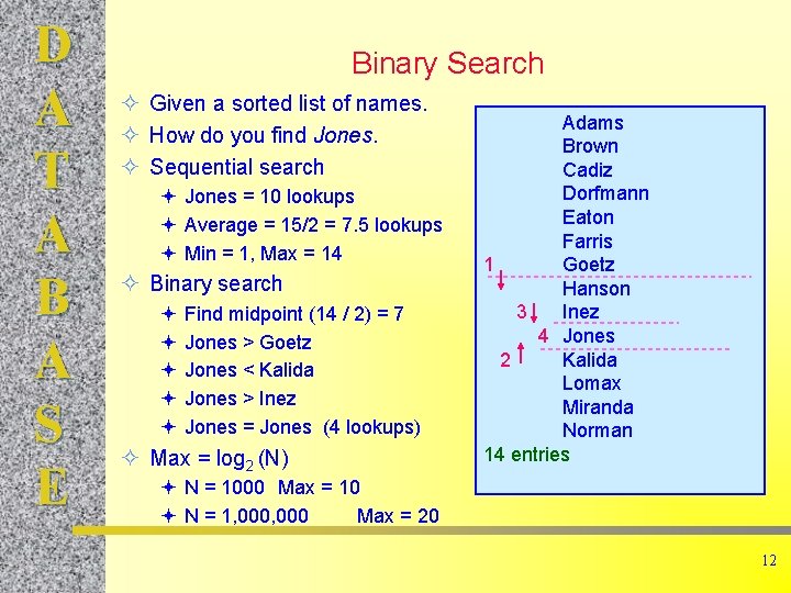 D A T A B A S E Binary Search ² Given a sorted