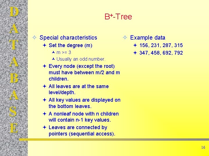 D A T A B A S E B+-Tree ² Special characteristics ª Set