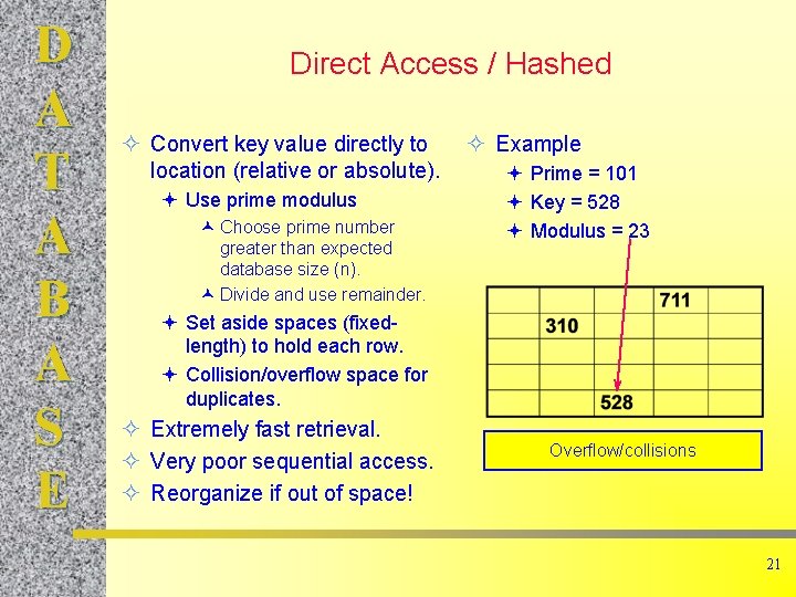 D A T A B A S E Direct Access / Hashed ² Convert