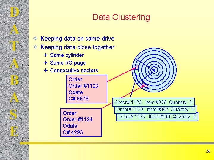 D A T A B A S E Data Clustering ² Keeping data on