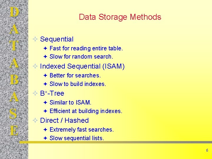 D A T A B A S E Data Storage Methods ² Sequential ª