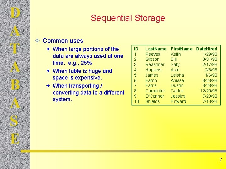 D A T A B A S E Sequential Storage ² Common uses ª