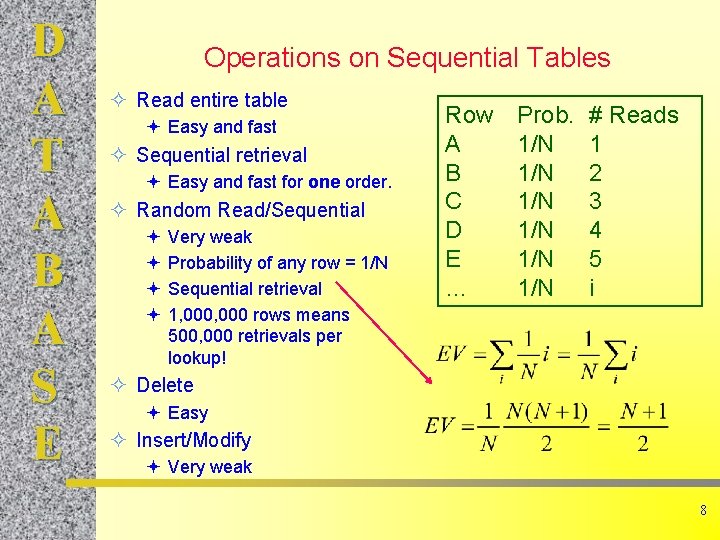 D A T A B A S E Operations on Sequential Tables ² Read