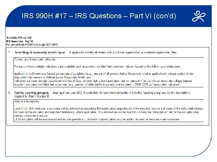 IRS 990 H #17 – IRS Questions – Part VI (con’d) 