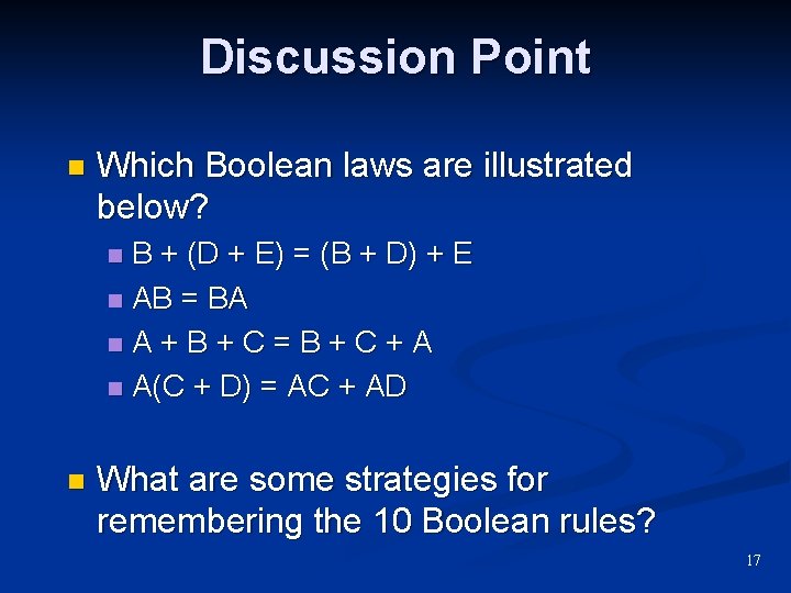 Discussion Point n Which Boolean laws are illustrated below? B + (D + E) Discussion Point n Which Boolean laws are illustrated below? B + (D + E)