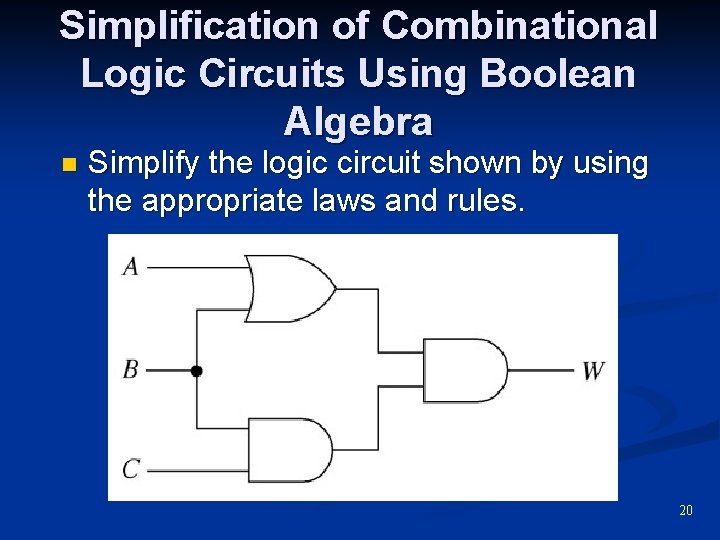Simplification of Combinational Logic Circuits Using Boolean Algebra n Simplify the logic circuit shown Simplification of Combinational Logic Circuits Using Boolean Algebra n Simplify the logic circuit shown