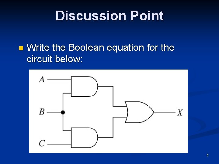 Discussion Point n Write the Boolean equation for the circuit below: 6 