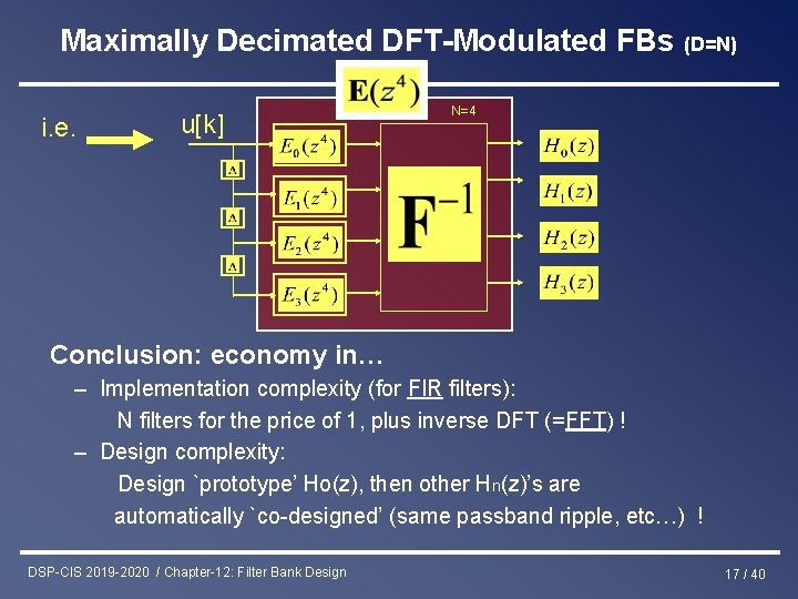 Maximally Decimated DFT-Modulated FBs (D=N) i. e. u[k] N=4 Conclusion: economy in… – Implementation