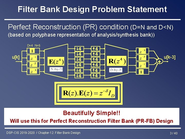 Filter Bank Design Problem Statement Perfect Reconstruction (PR) condition (D=N and D<N) (based on