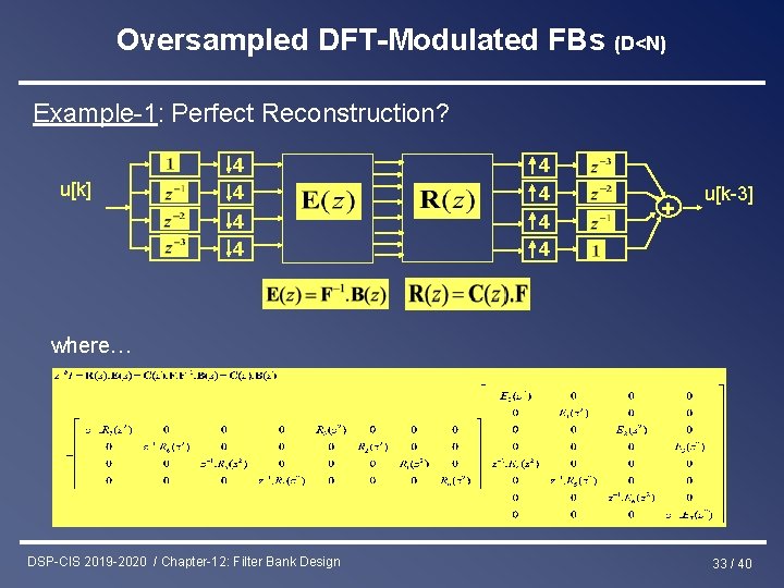 Oversampled DFT-Modulated FBs (D<N) Example-1: Perfect Reconstruction? u[k] 4 4 4 4 + u[k-3]