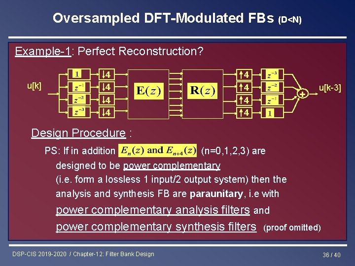 Oversampled DFT-Modulated FBs (D<N) Example-1: Perfect Reconstruction? u[k] 4 4 4 4 + u[k-3]