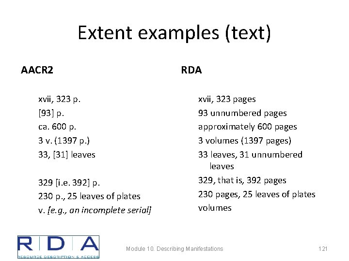 Extent examples (text) AACR 2 RDA xvii, 323 p. [93] p. ca. 600 p.