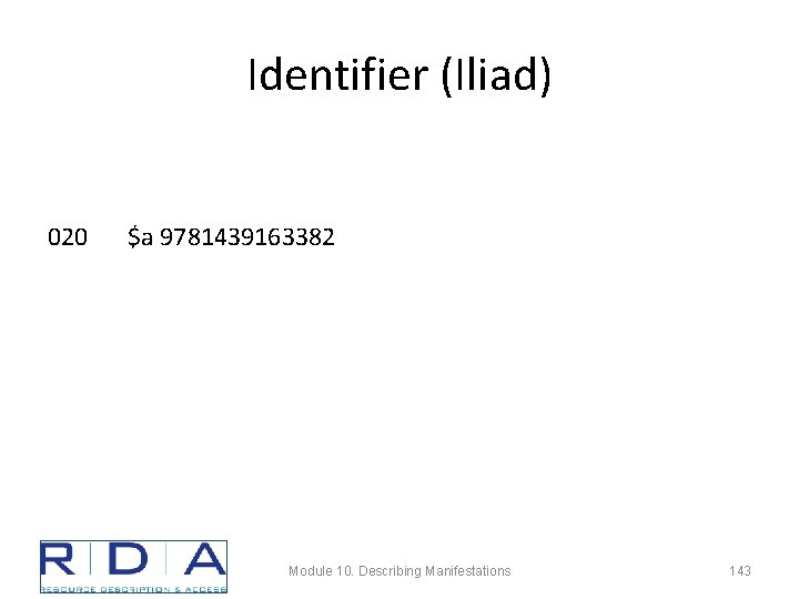 Identifier (Iliad) 020 $a 9781439163382 Module 10. Describing Manifestations 143 