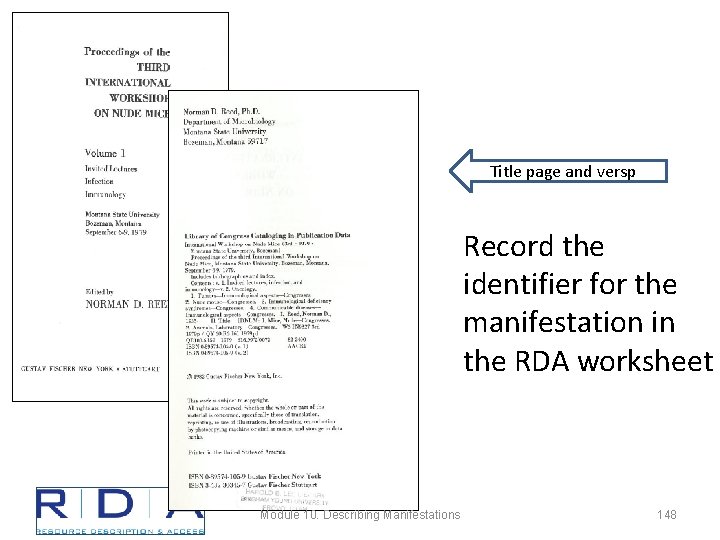 Title page and versp Record the identifier for the manifestation in the RDA worksheet