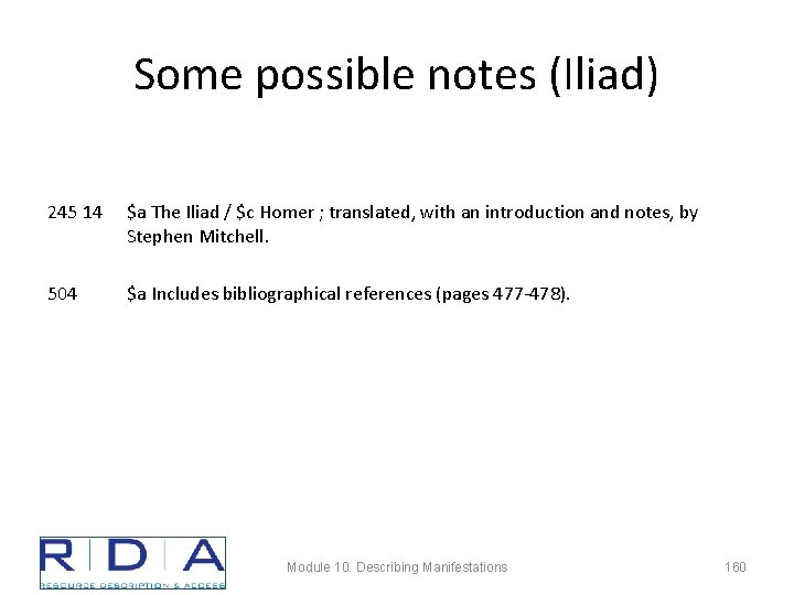 Some possible notes (Iliad) 245 14 $a The Iliad / $c Homer ; translated,